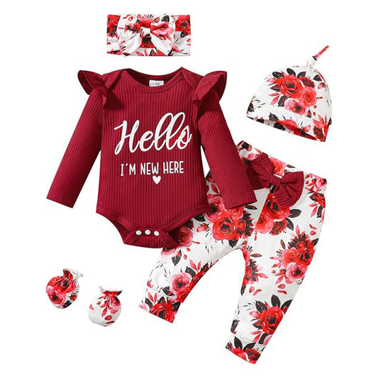 Newborn Baby Girl 'Hello I'm New Here' Romper Set Includes Floral Pants, Hat, Headband, & Coming Home Outfit