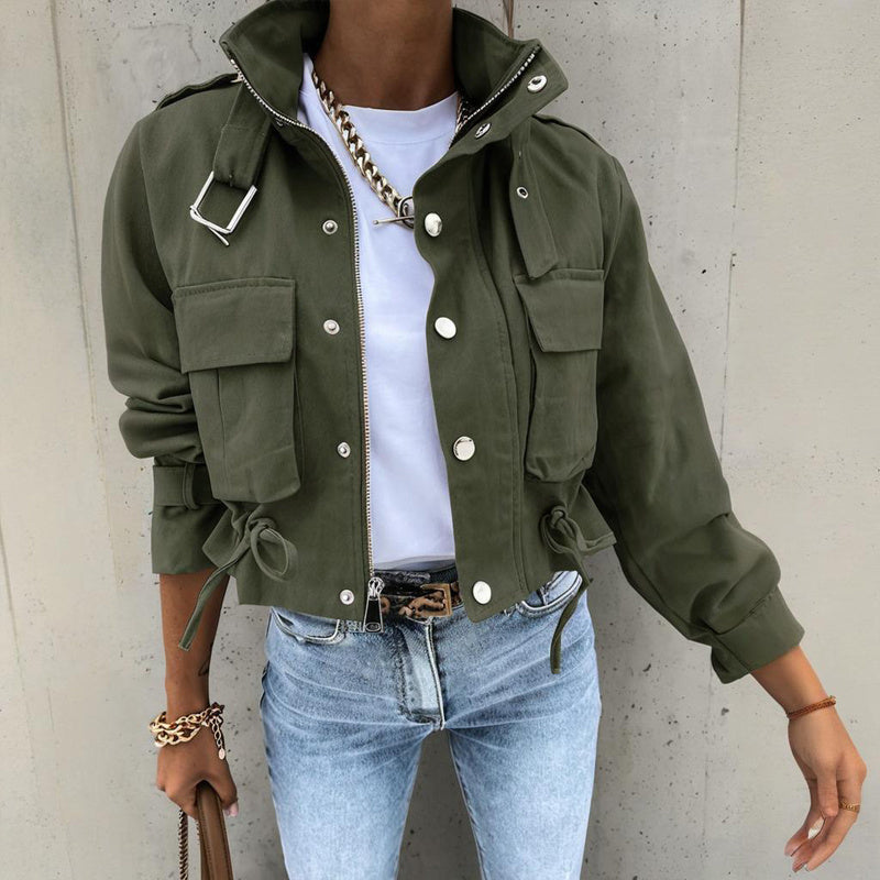 Women's Stand Collar Long Sleeve Jacket With Button & Zipper Closure - Two Large Pockets & Drawstring Hem Casual Short Jacket For Spring&Fall