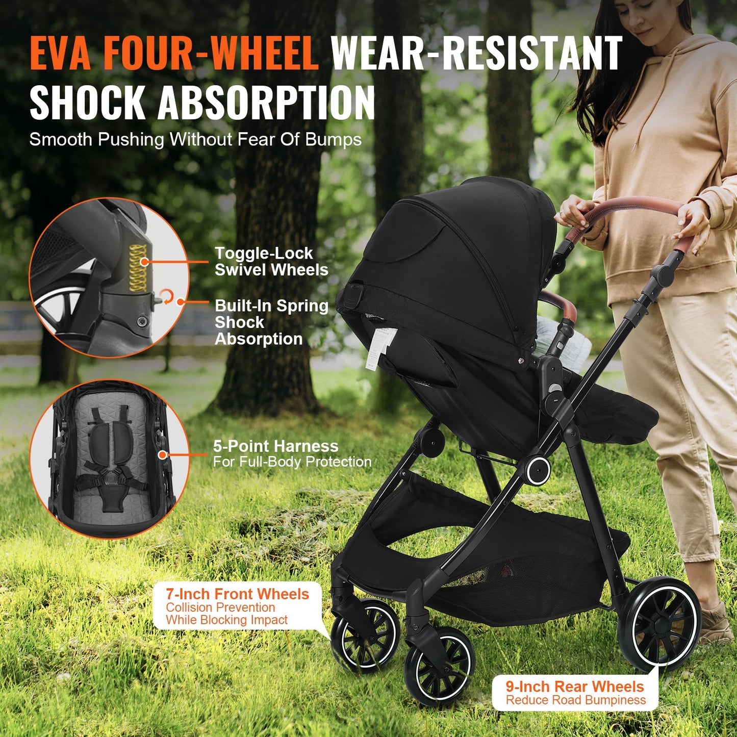 VEVOR Standard Baby Stroller, Infant Toddler Stroller With Bassinet, 3rd-Gear Adjustable Backrest  Foldable & Reversible Seat, Carbon Steel Newborn Stroller With Leg Cover And Mesh Net, Black