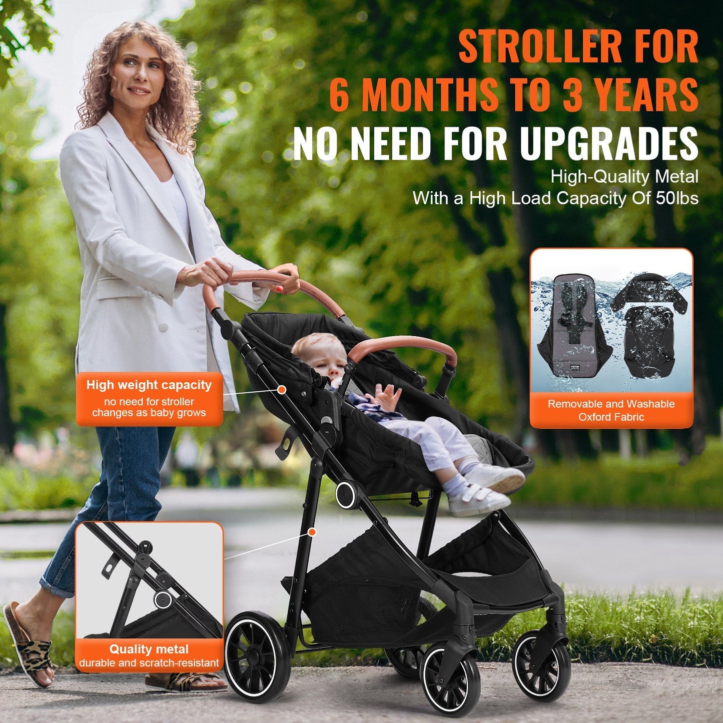 VEVOR Standard Baby Stroller, Infant Toddler Stroller With Bassinet, 3rd-Gear Adjustable Backrest  Foldable & Reversible Seat, Carbon Steel Newborn Stroller With Leg Cover And Mesh Net, Black